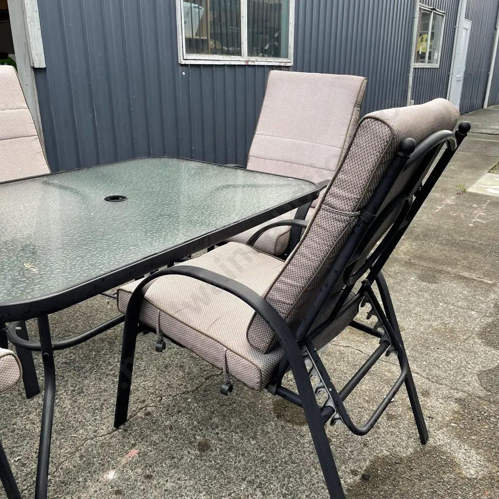 5 Piece Outdoor Dining Suite with Glass Top 124 x 91cm. 4 Reclining chairs with squabs Image 1++