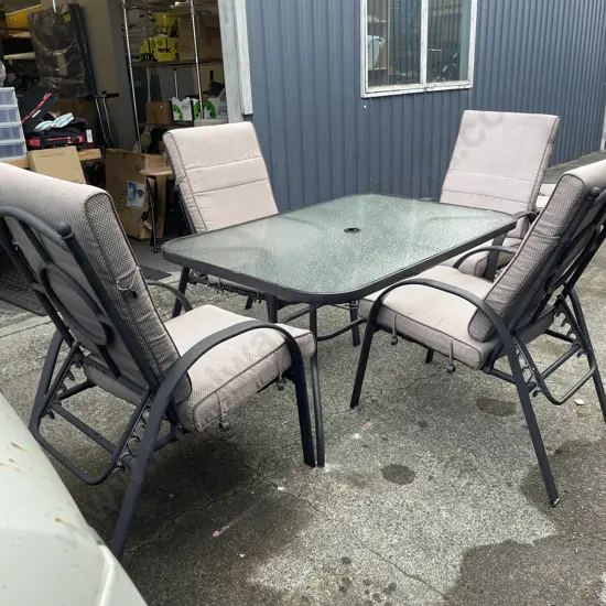 5 Piece Outdoor Dining Suite with Glass Top 124 x 91cm. 4 Reclining chairs with squabs