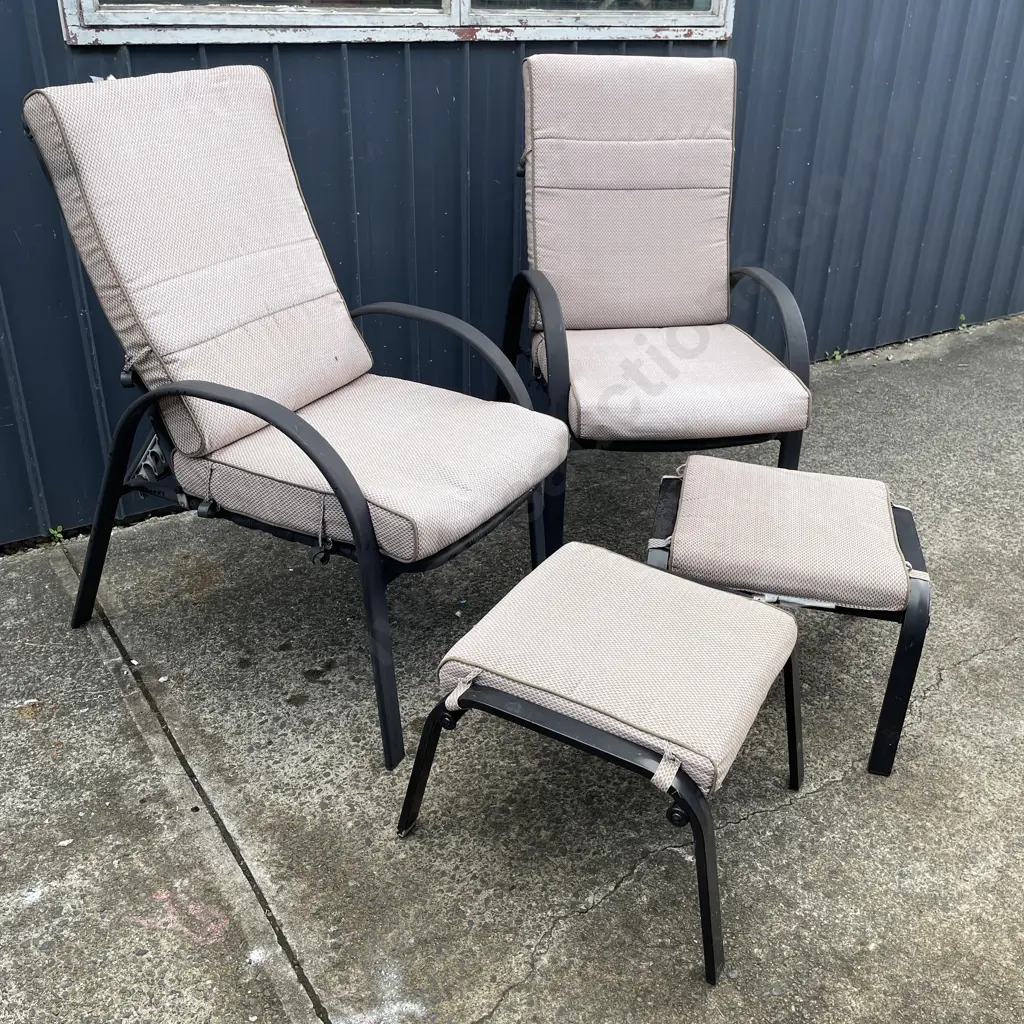 Two Outdoor Recliner with padded Squabs and pair of foot stools Image 1++