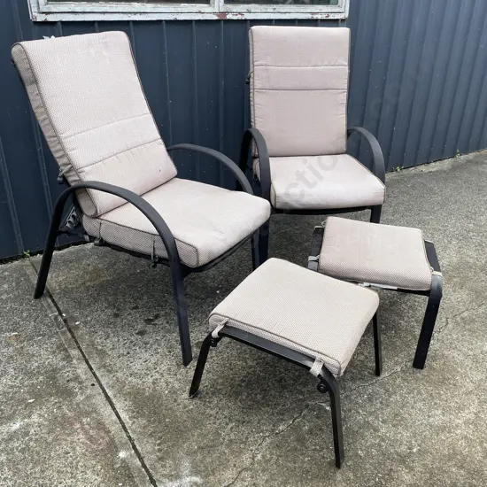 Two Outdoor Recliner with padded Squabs and pair of foot stools