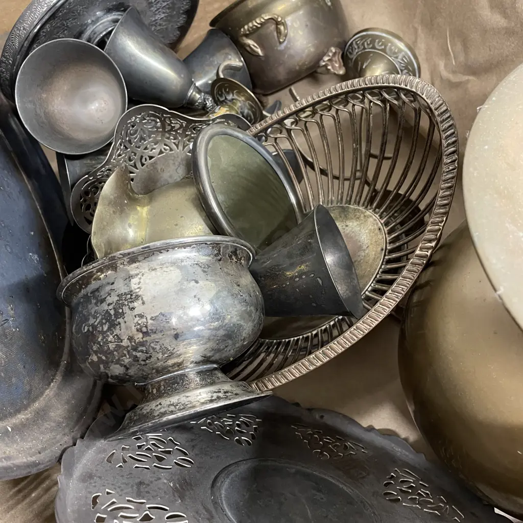 Box of Assorted Brass, Copper and Silverware Image 1++