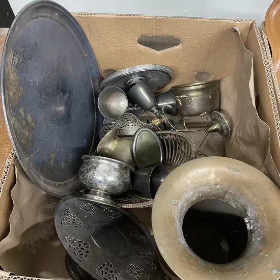 Box of Assorted Brass, Copper and Silverware