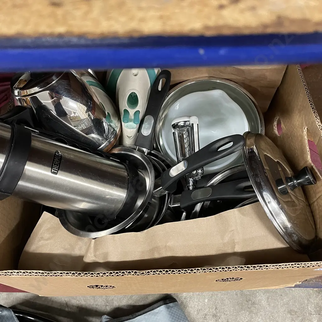 Box of Assorted Pots, Pans, Iron, bowls, tea/coffee ware and fold up camp chair Image 1++