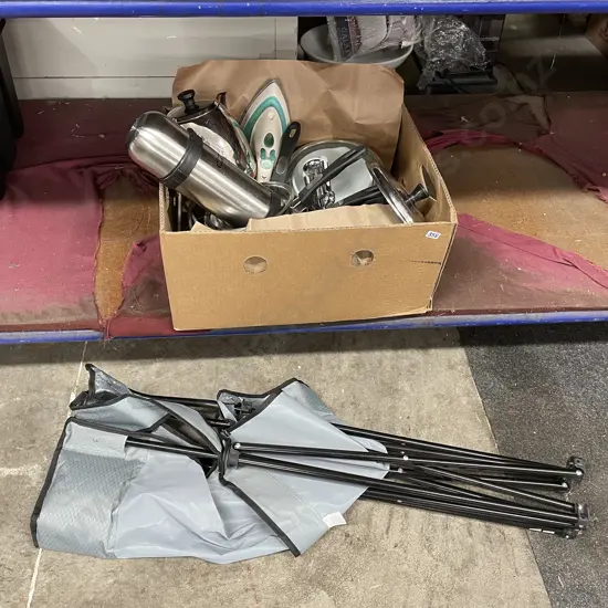 Box of Assorted Pots, Pans, Iron, bowls, tea/coffee ware and fold up camp chair