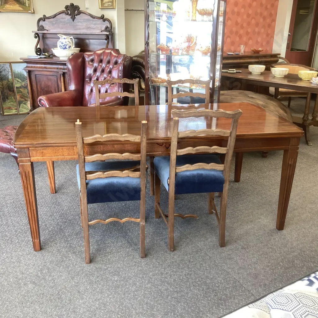 Airest Mahogany Dining Table with 4 Chairs with blue upholstery - chairs need restoration (NCV). Table 1820 x 91. H74cm Image 1++