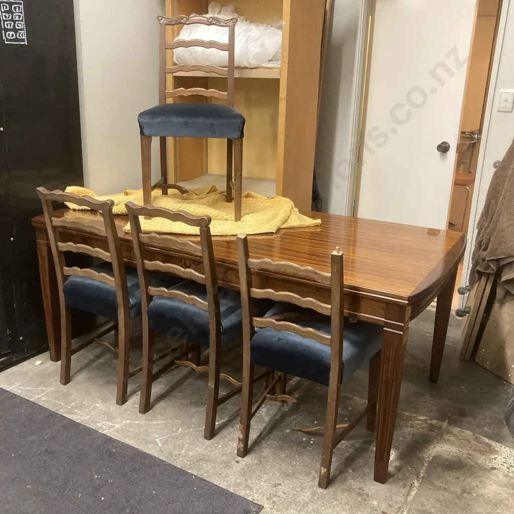 Airest Mahogany Dining Table with 4 Chairs with blue upholstery - chairs need restoration (NCV). Table 1820 x 91. H74cm Image 1++