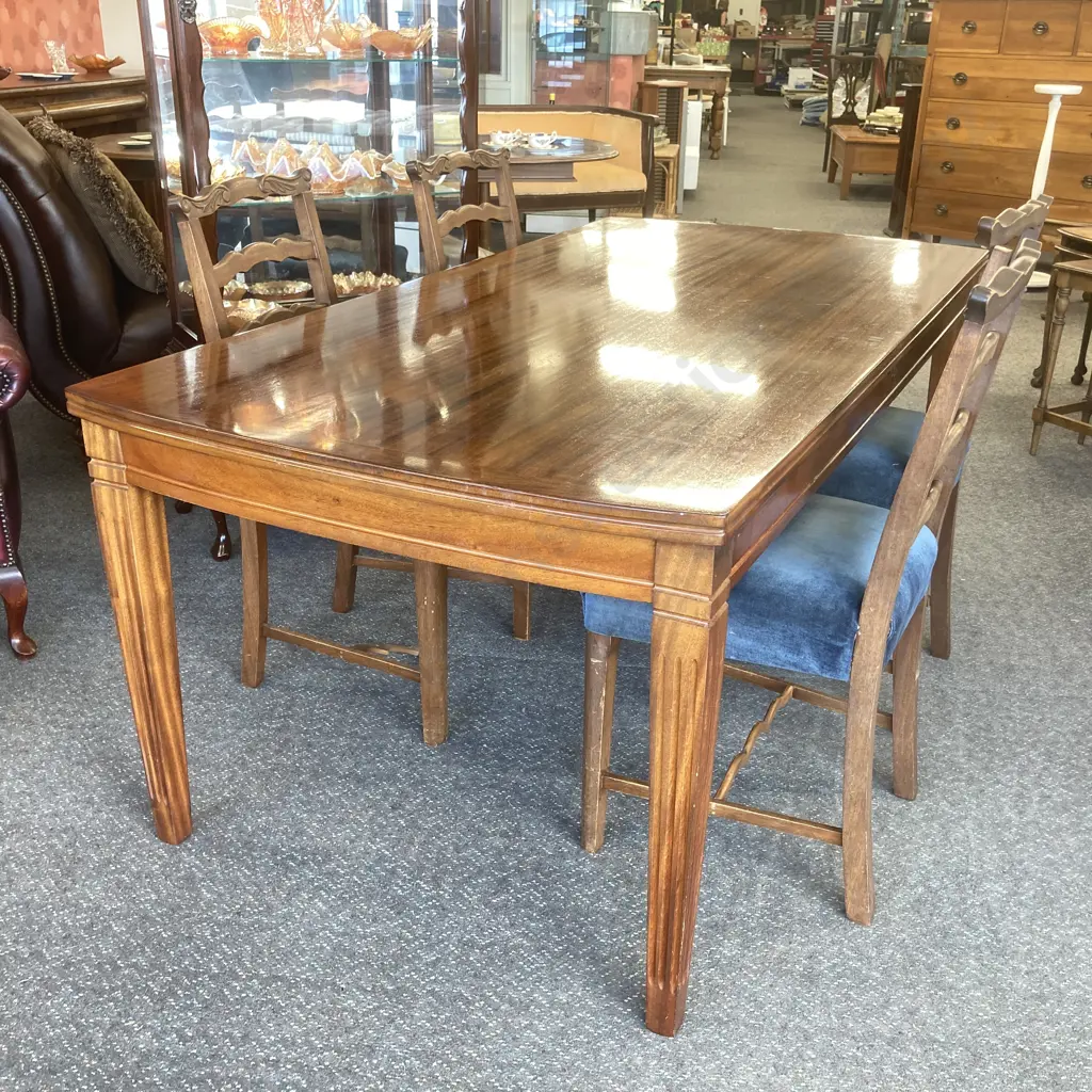 Airest Mahogany Dining Table with 4 Chairs with blue upholstery - chairs need restoration (NCV). Table 1820 x 91. H74cm Image 1++