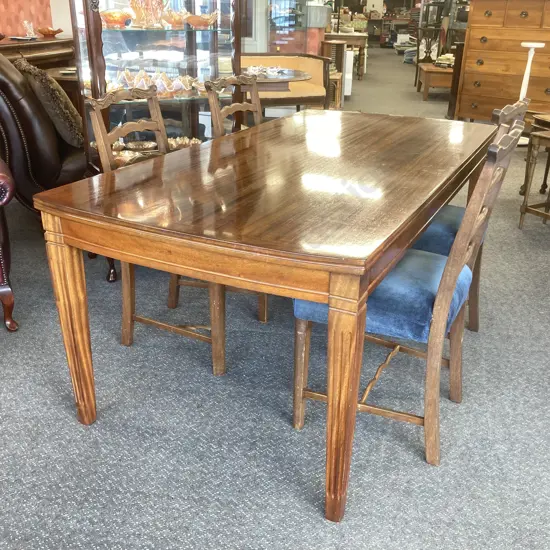 Airest Mahogany Dining Table with 4 Chairs with blue upholstery - chairs need restoration (NCV). Table 1820 x 91. H74cm