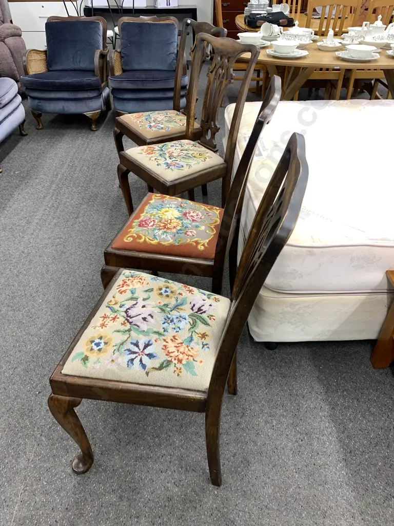Set of four Vintage Dining Chairs with Tapestry Seats. Cabriole legs, Scroll detail back (1 needs restoration) Image 1++