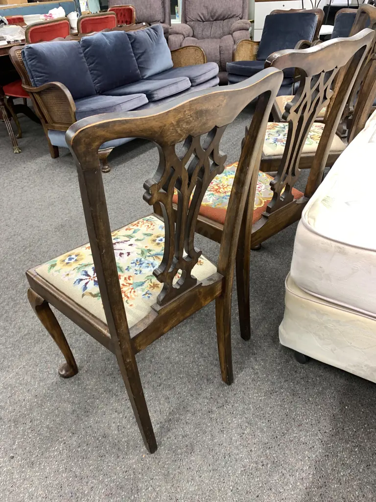 Set of four Vintage Dining Chairs with Tapestry Seats. Cabriole legs, Scroll detail back (1 needs restoration) Image 1++