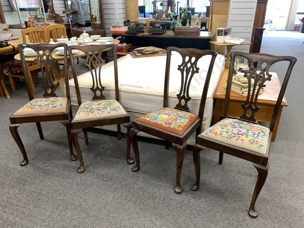 Set of four Vintage Dining Chairs with Tapestry Seats. Cabriole legs, Scroll detail back (1 needs restoration) Image 1++