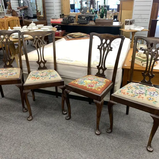 Set of four Vintage Dining Chairs with Tapestry Seats. Cabriole legs, Scroll detail back (1 needs restoration)
