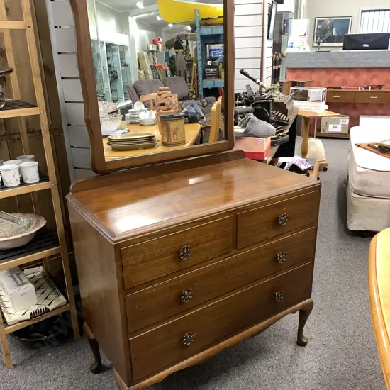 Mahogany Dressing Table with mirror. 6 drawer, cabriole legs. Ornate round handles. H167 W88 D45cm