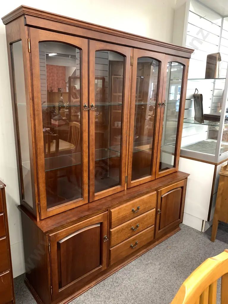 Mahogany Hutchdresser Display Cabinet. 4 glass doors with glass shelves. 3 drawer, 2 door. H185 W158 D41cm Image 1++
