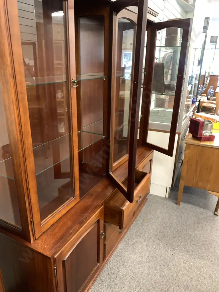 Mahogany Hutchdresser Display Cabinet. 4 glass doors with glass shelves. 3 drawer, 2 door. H185 W158 D41cm Image 1++