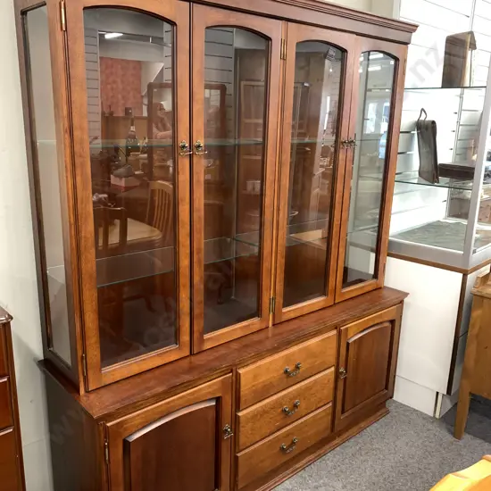 Mahogany Hutchdresser Display Cabinet. 4 glass doors with glass shelves. 3 drawer, 2 door. H185 W158 D41cm