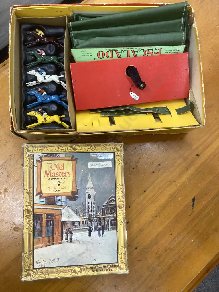 Vintage Escalado Chad Valley Horse racing Game. Lead Horses, Box Lid damaged, with Vintage Old Masters Puzzle Image 1++
