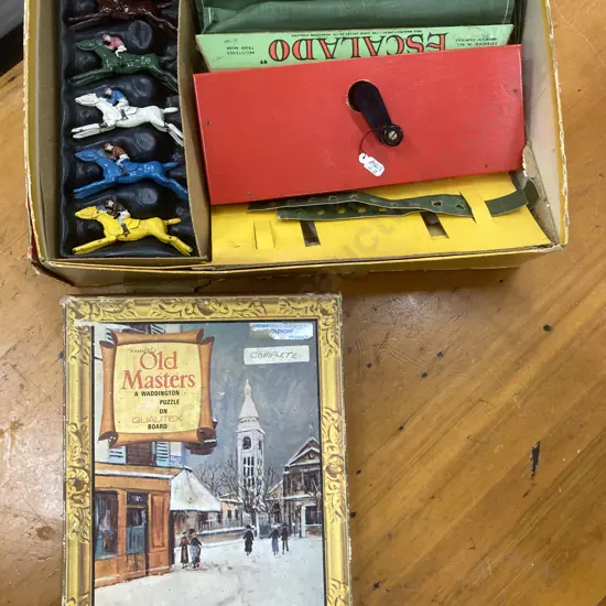 Vintage Escalado Chad Valley Horse racing Game. Lead Horses, Box Lid damaged, with Vintage Old Masters Puzzle