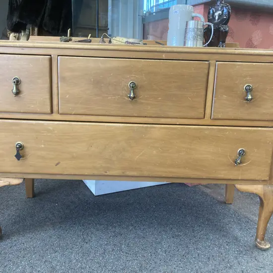 Vintage Rimu Sideboard, Brass Drop Handles, Cabriole Legs, H80 L107 D44cm