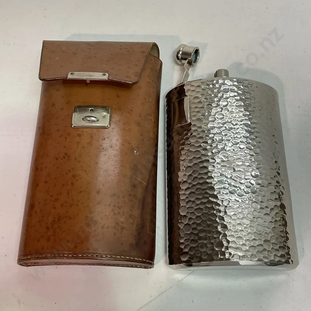 Vintage Leather Cased Large Hip Flask. Beaten Chrome effect H22cm Image 1++