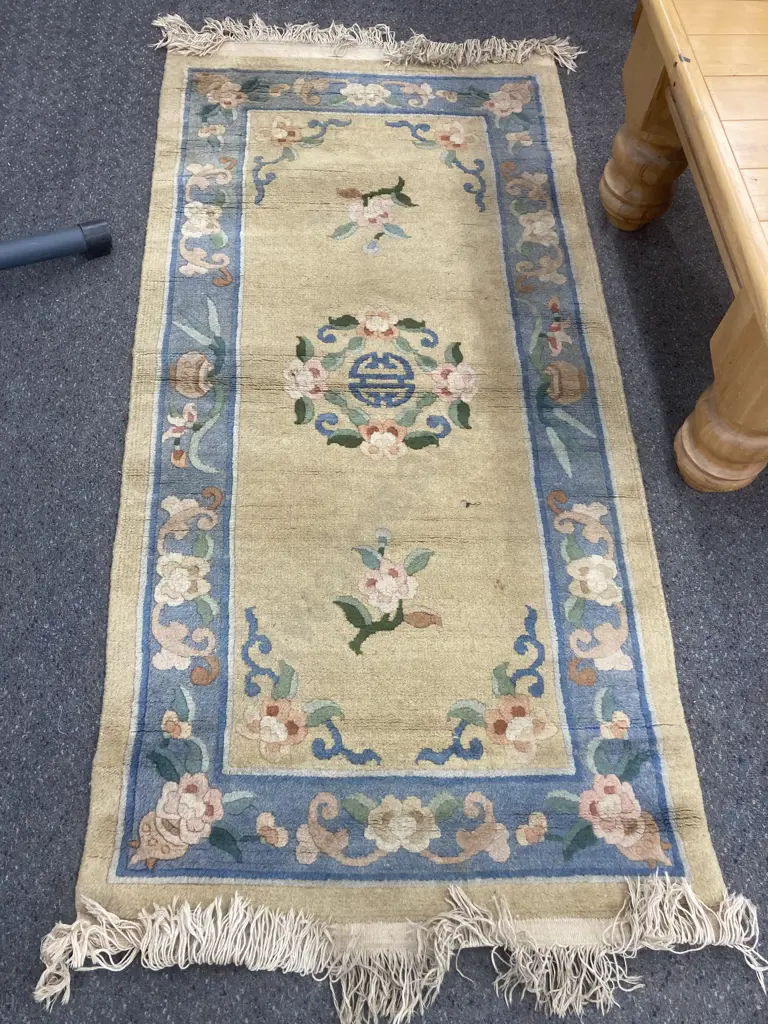 Woollen Floor Rug, Sage, Pale Blue & Pink Floral, 163 x 78cm Image 1++