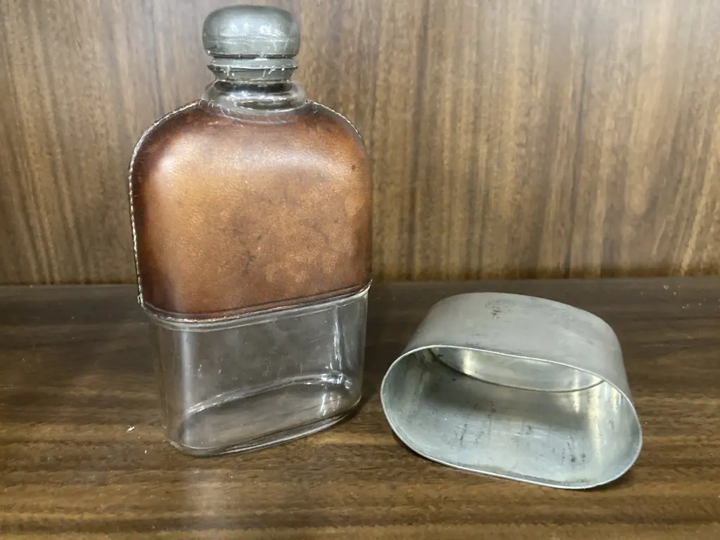 19th Century Antique Hip Flask Leather and Glass with Pewter Cup Base, c1870 Image 1++