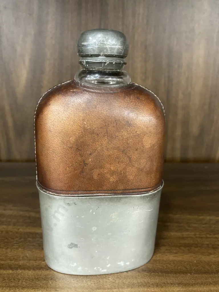 19th Century Antique Hip Flask Leather and Glass with Pewter Cup Base, c1870 Image 1++