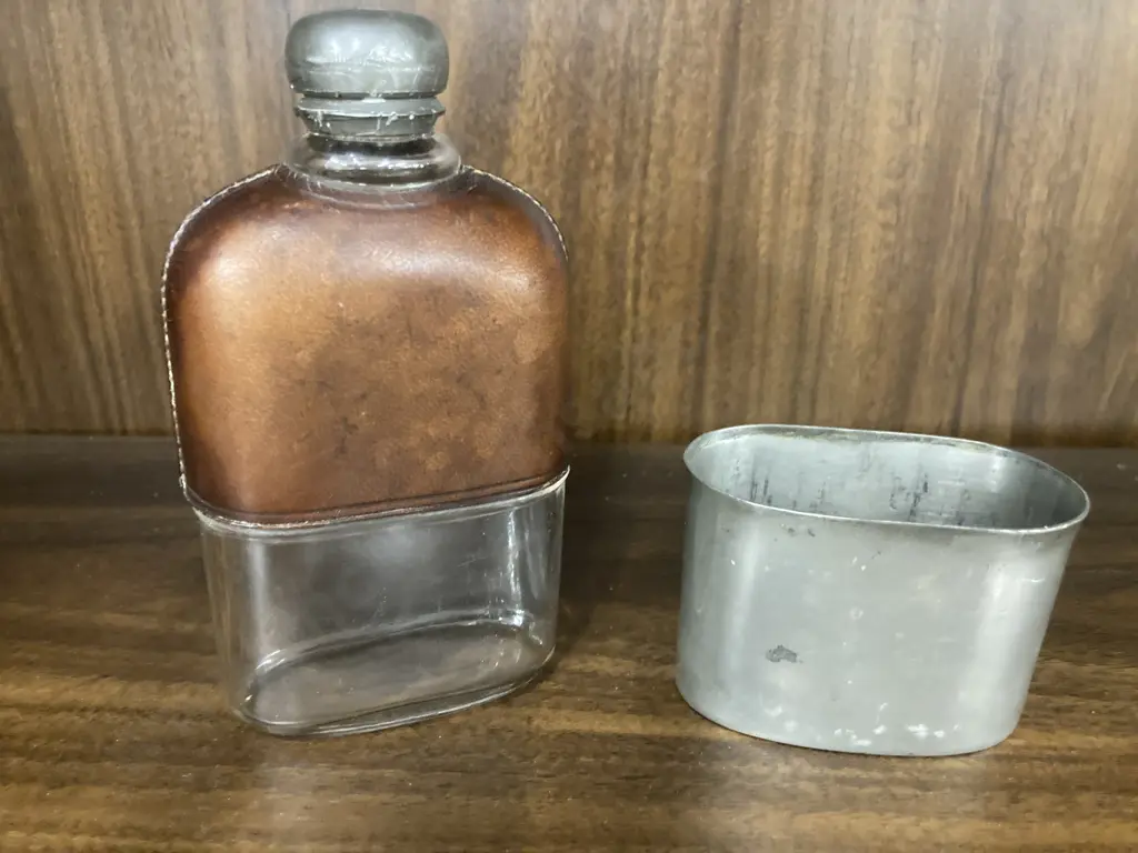 19th Century Antique Hip Flask Leather and Glass with Pewter Cup Base, c1870 Image 1++