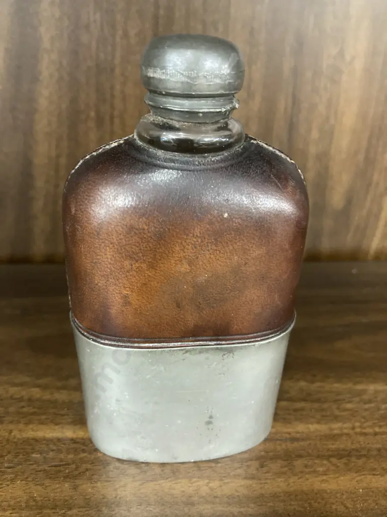 19th Century Antique Hip Flask Leather and Glass with Pewter Cup Base, c1870 Image 1++
