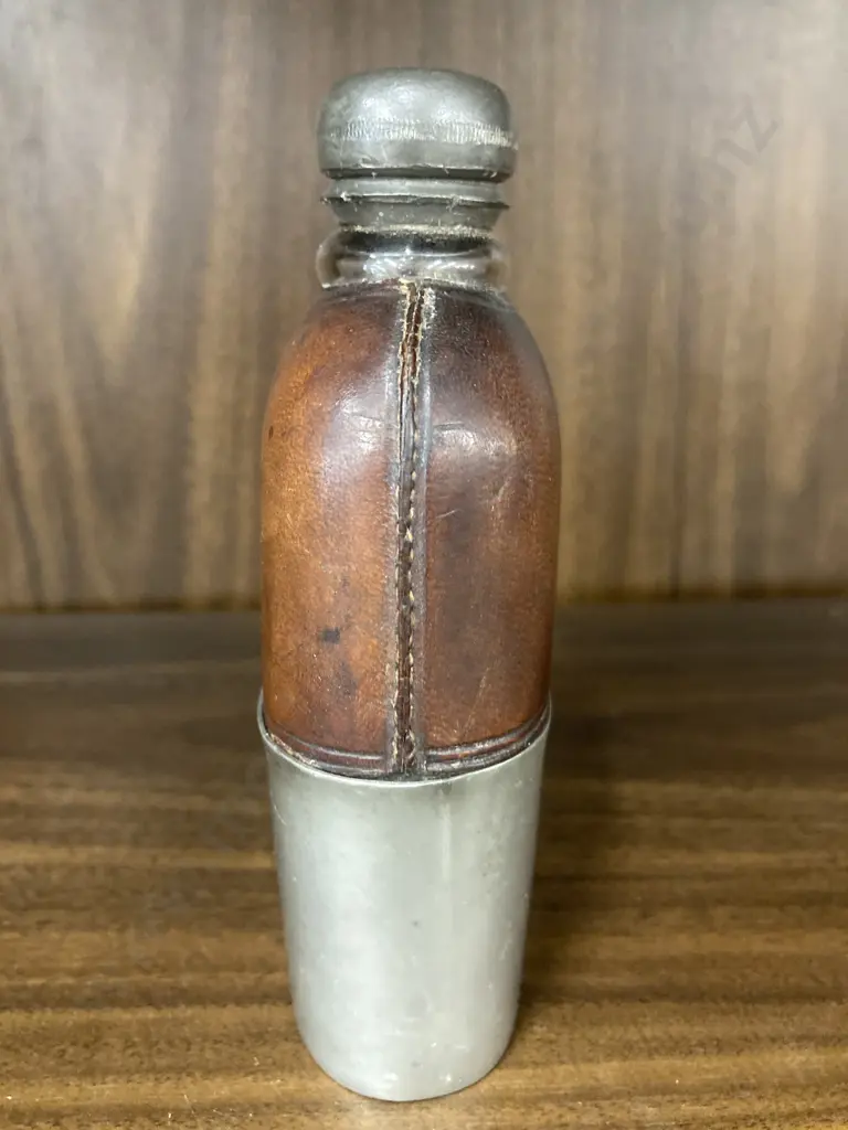 19th Century Antique Hip Flask Leather and Glass with Pewter Cup Base, c1870 Image 1++