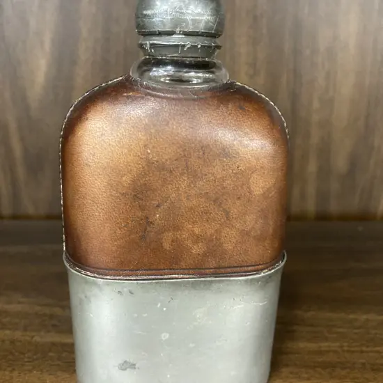 19th Century Antique Hip Flask Leather and Glass with Pewter Cup Base, c1870