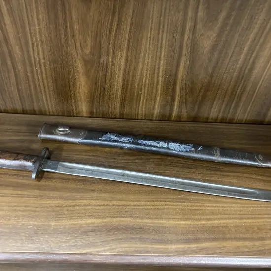 Vintage Wilkinson Pattern 1907 Bayonet With Leather Scabbard, Regimental Marks '12RF' and '253'  Stamped To Pommel