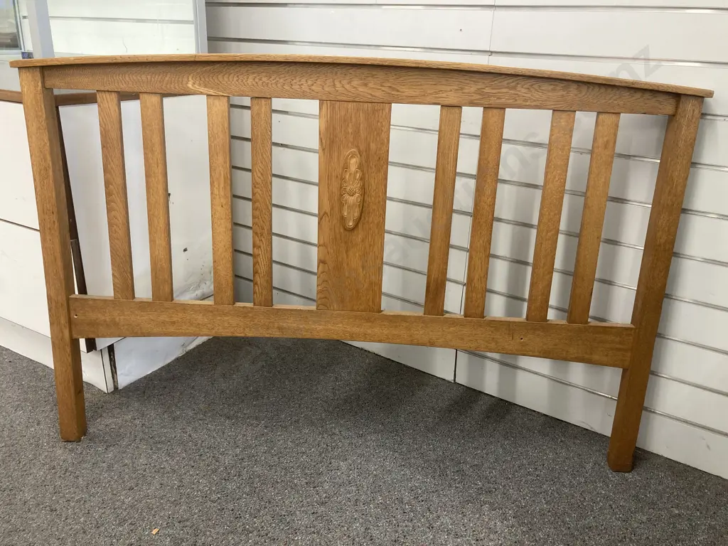 Vintage Oak Slatted Headboard With Carved Detail, 91cm x 141cm Image 1++