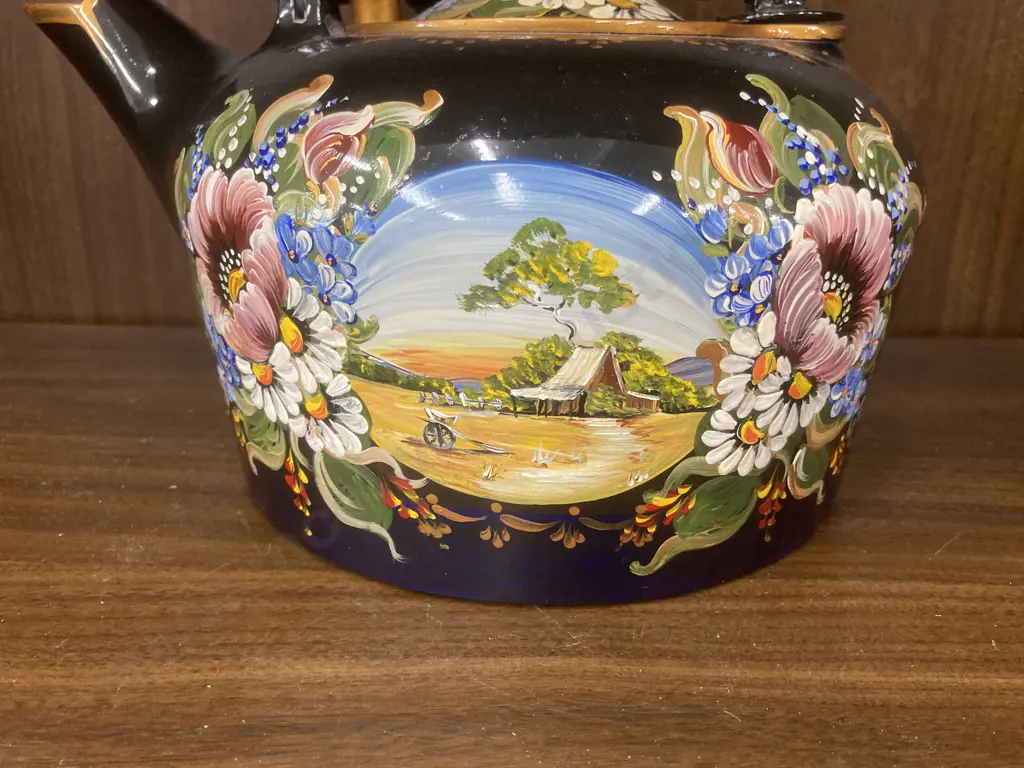 Hand Painted Endura Aluminium Kettle by G&C Folkart Sydney, Navy Blue With Flowers & Outback Scene, 21 x 25cm Image 1++