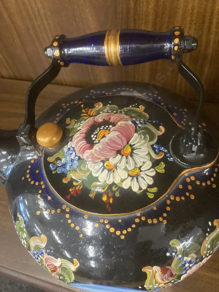 Hand Painted Endura Aluminium Kettle by G&C Folkart Sydney, Navy Blue With Flowers & Outback Scene, 21 x 25cm Image 1++