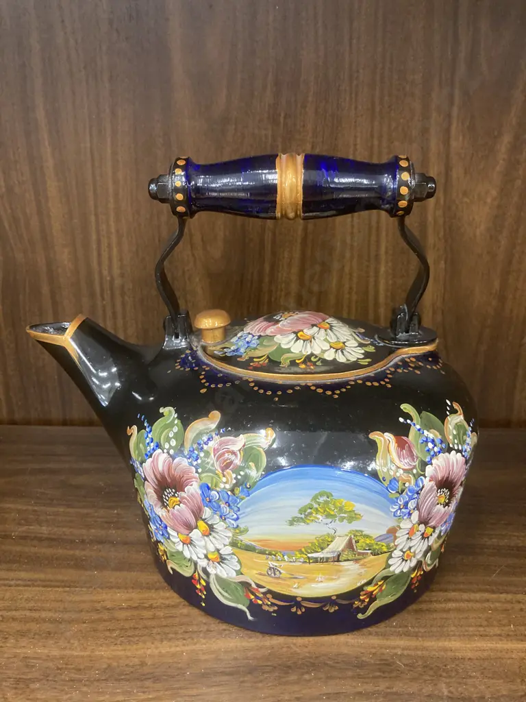 Hand Painted Endura Aluminium Kettle by G&C Folkart Sydney, Navy Blue With Flowers & Outback Scene, 21 x 25cm Image 1++