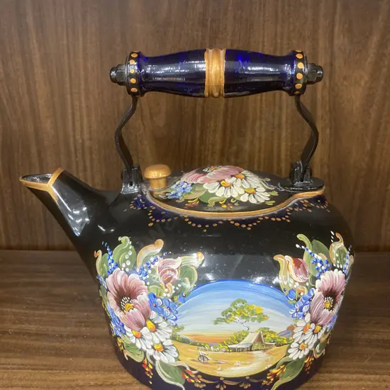 Hand Painted Endura Aluminium Kettle by G&C Folkart Sydney, Navy Blue With Flowers & Outback Scene, 21 x 25cm