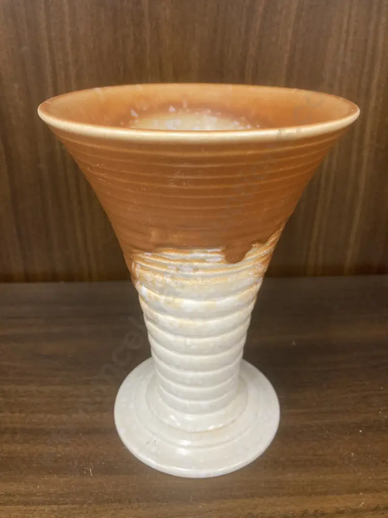 Art Deco Enoch Wedgwood Mottled Ridged Pottery Two-Tone Vase Unicorn Mark, H15.5cm (af) Image 1++