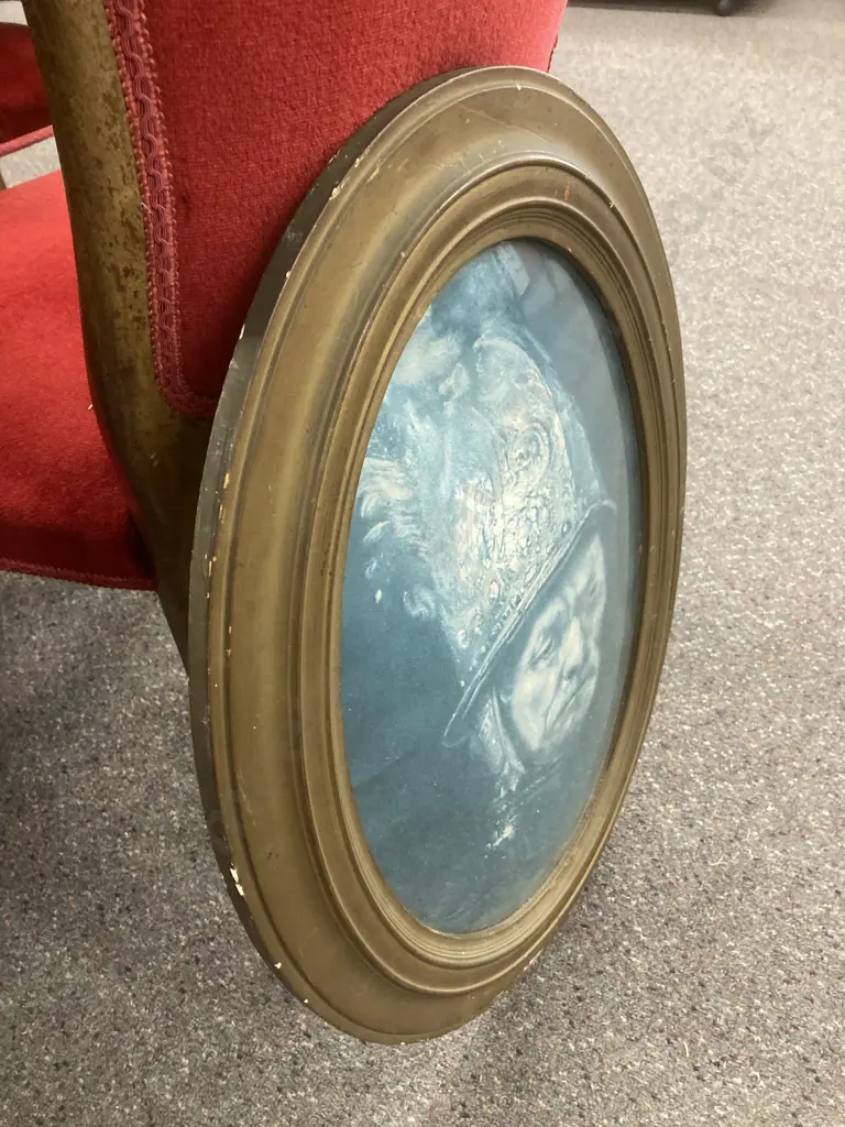 Oval Wooden Framed Print Of Man With Golden Helmet H63cm, W48cm. Image 1++