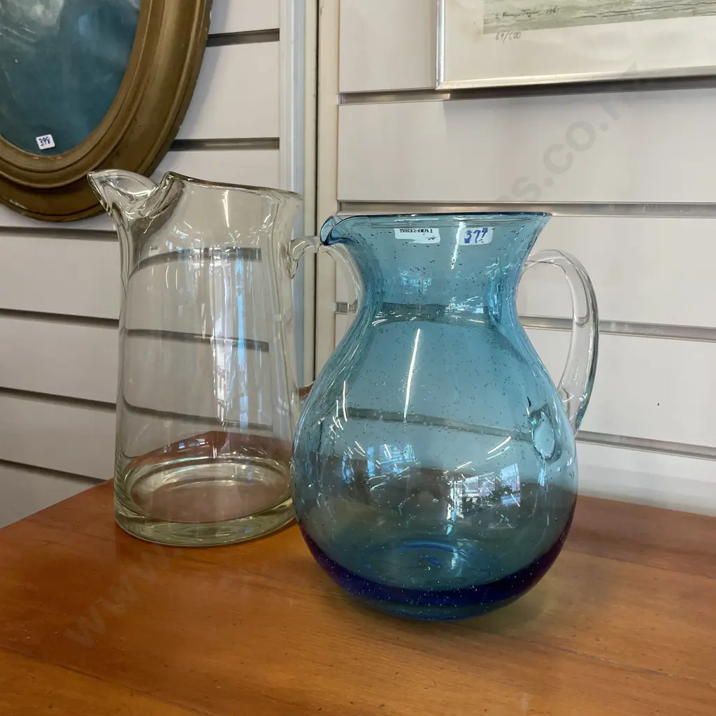 Modern Art Glass Water Jugs 1x Blue H24cm, 1x Clear Glass H26cm. Image 1++