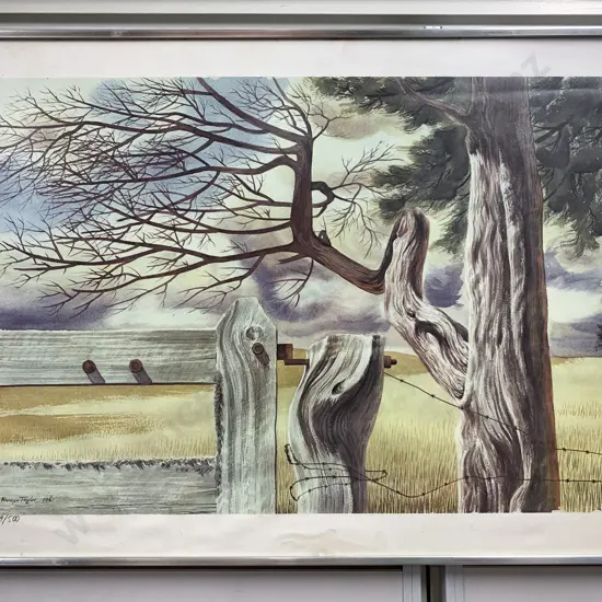 Framed Artwork Print Of Water Colour Titled 'Hay Paddock' 1961 By E.Mervyn Taylor 69/500  63x29cm