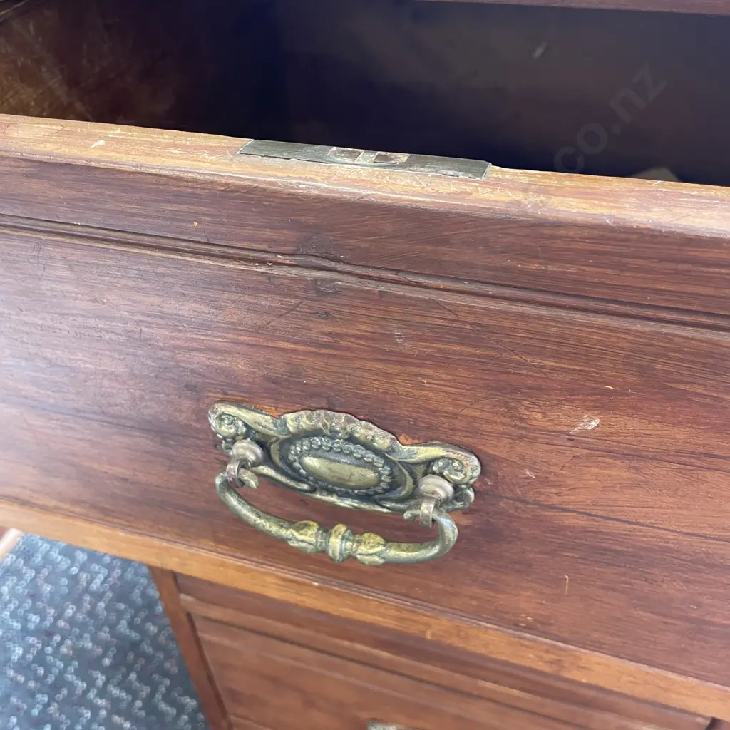 Antique Solid Wood Desk. Brass handles. Two drawers with base cupboard. H75 W90 D43cm Image 1++