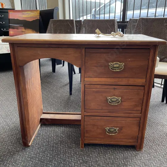 Antique Solid Wood Desk. Brass handles. Two drawers with base cupboard. H75 W90 D43cm