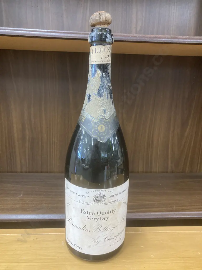 Vintage Bollinger Champagne Bottle With Original Cork, Royal Warrant On Label, H40cm Image 1++