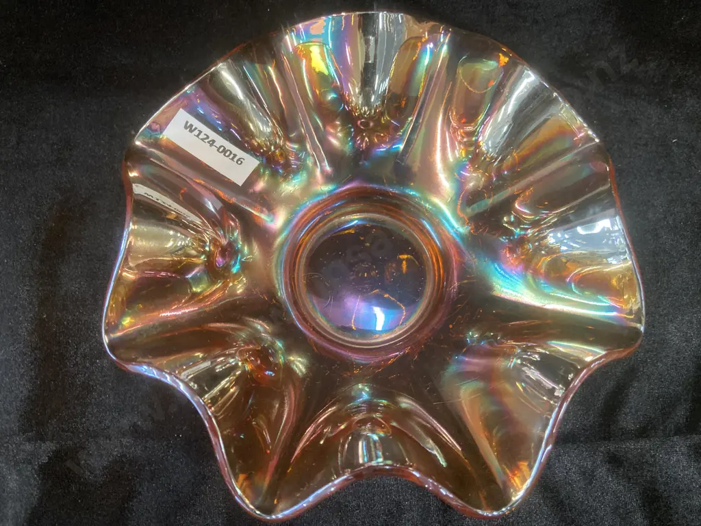 Antique Daisy Dear Marigold Carnival Glass Ruffled Bowl by Dugan, H7 Dia18cm Image 1++