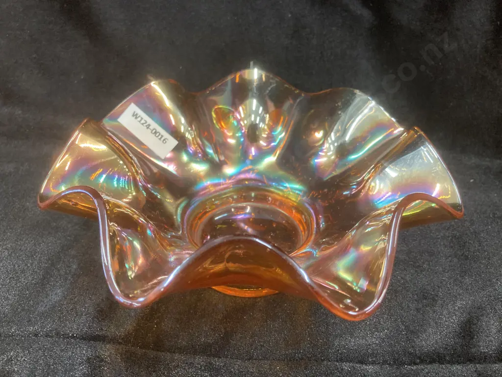 Antique Daisy Dear Marigold Carnival Glass Ruffled Bowl by Dugan, H7 Dia18cm Image 1++