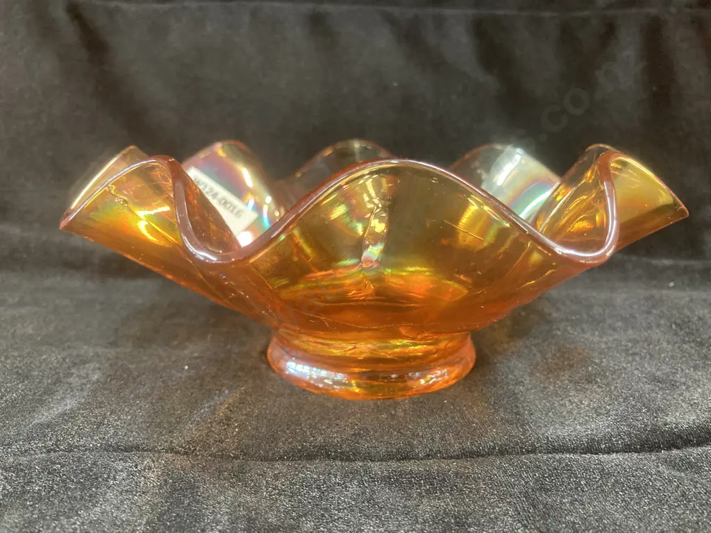 Antique Daisy Dear Marigold Carnival Glass Ruffled Bowl by Dugan, H7 Dia18cm Image 1++