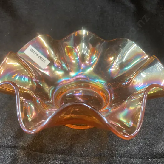 Antique Daisy Dear Marigold Carnival Glass Ruffled Bowl by Dugan, H7 Dia18cm