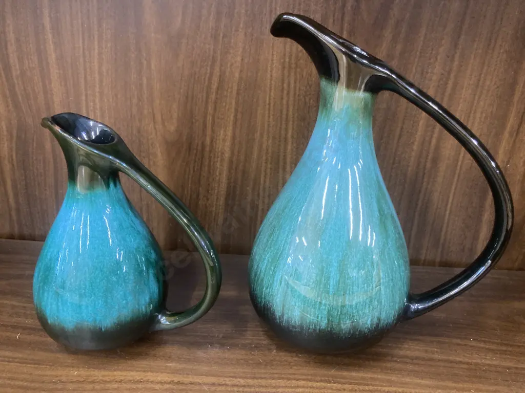 Vintage Blue Mountain Pottery Blue Green Drip Glaze Jugs, Set of Two, H27 & H19cmH33cm Image 1++