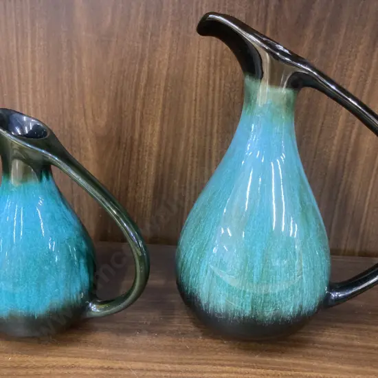 Vintage Blue Mountain Pottery Blue Green Drip Glaze Jugs, Set of Two, H27 & H19cmH33cm